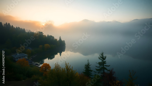 Realistic Misty morning scene of Lacu Rosu lake. Foggy summer sunrise in Harghita County, Romania, Europe. Beauty of nature concept background