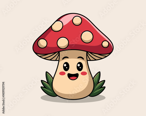 Cute Cartoon Mushroom Character with Smiling Face and Red Cap
