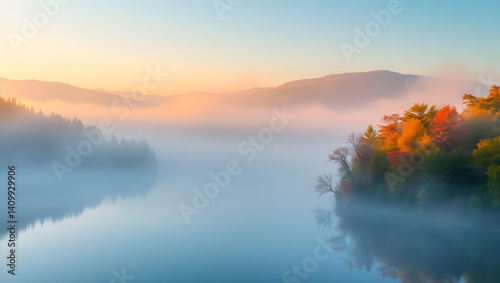 Realistic Misty morning scene of Lacu Rosu lake. Foggy summer sunrise in Harghita County, Romania, Europe. Beauty of nature concept background