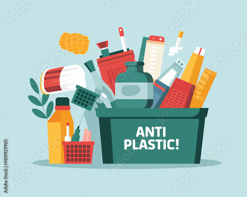Anti-Plastic Concept: Reusable Materials in Bin, Waste Reduction Illustration