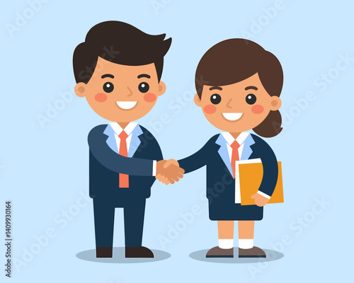 Cartoon Business Agreement: Male and Female Professional Handshake Illustration