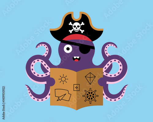 Pirate Octopus Cartoon Character Reading Treasure Map Illustration