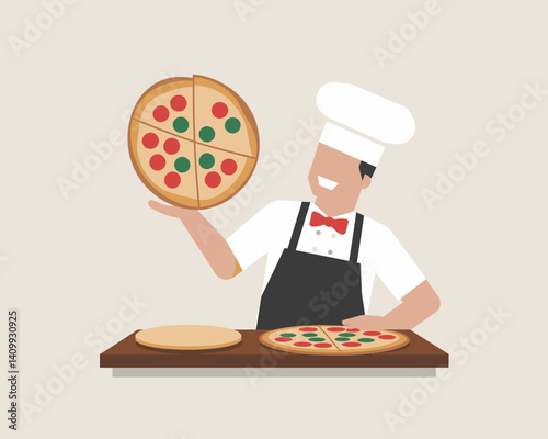 Pizza chef cartoon with fresh pizzas in the kitchen. italian food