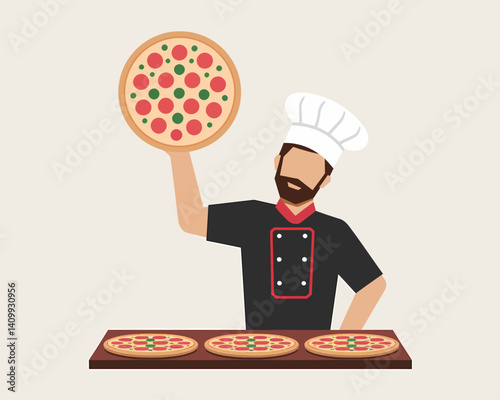 Pizza Chef Proudly Presenting Freshly Baked Pepperoni Pizza at Restaurant