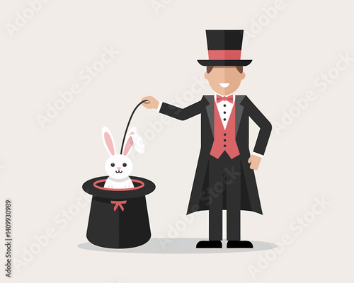 Magician With Rabbit in Hat Flat Vector Illustration for Kids, Show Concept