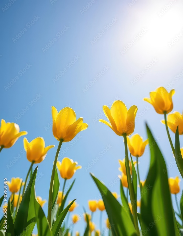 Obraz premium Vibrant yellow tulips bloom beneath a clear blue sky, spring, beauty