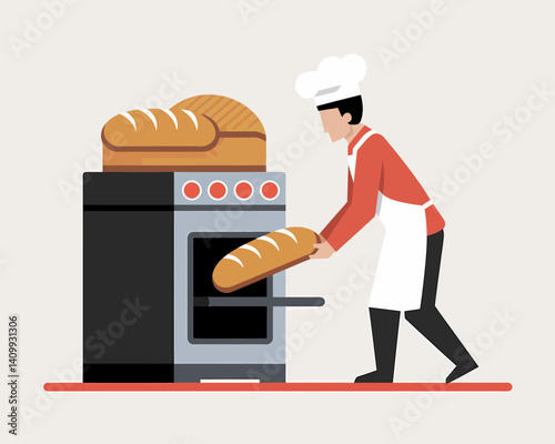 Baker putting bread in the oven, bread making process, bakery professional