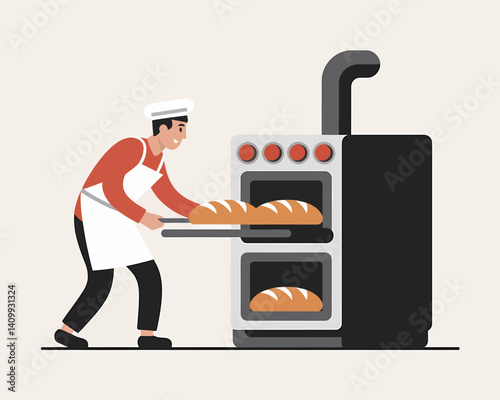 Baker putting bread into the oven, bakery, fresh bread, illustration.