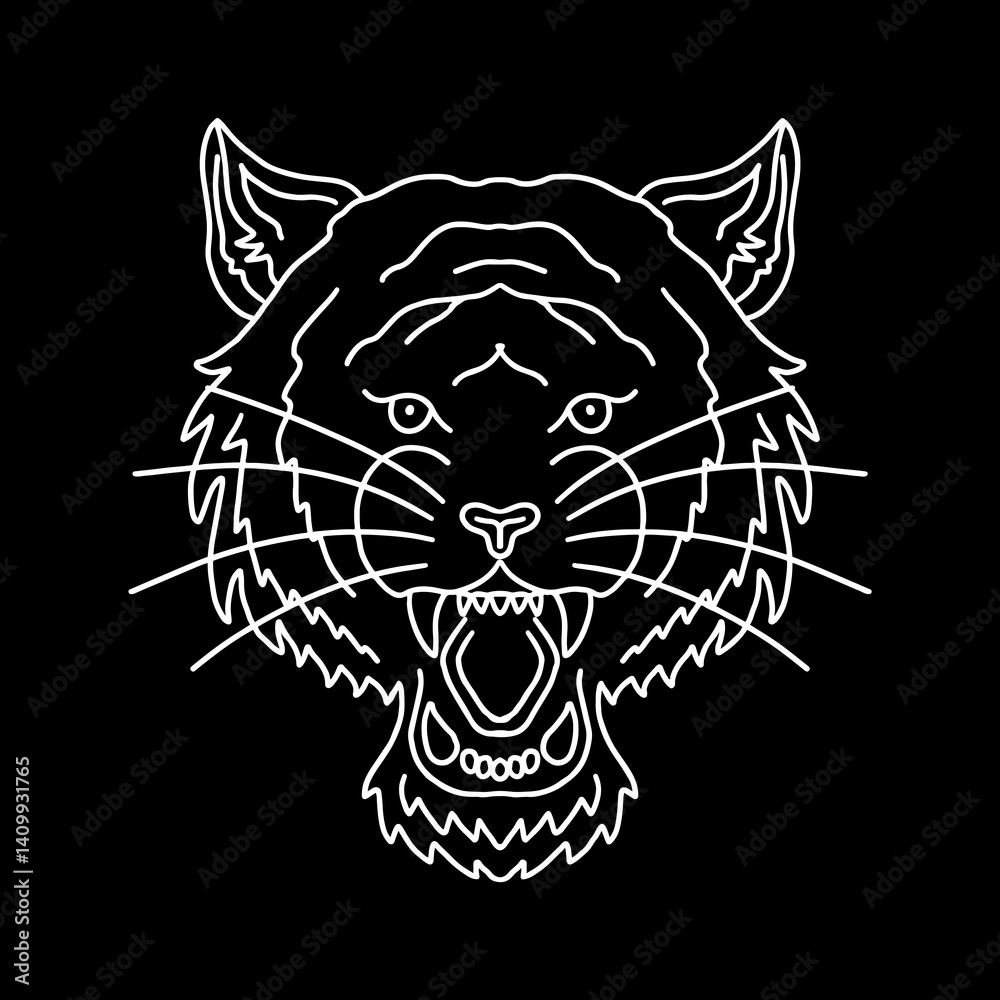 Obraz premium Tiger head vector illustration. Bold lines, monochrome design. Line art tattoo style