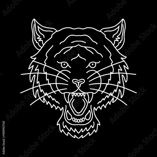 Tiger head vector illustration. Bold lines, monochrome design. Line art tattoo style