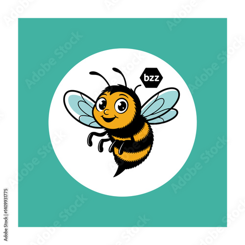 Cute Cartoon Bumblebee with Wings and Buzz Speech Bubble