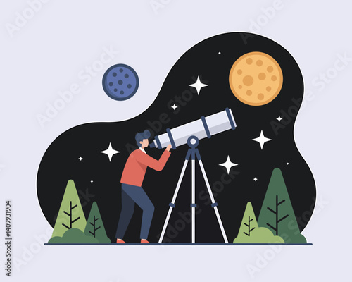 Astronomer Observes Moon Through Telescope at Night, Vector Illustration