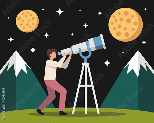 Astronomer Observing Moons and Stars through Telescope at Night