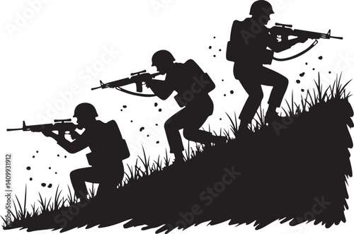 Soldiers Advancing Silhouette – Military Combat Illustration

Tactical Army Team – Black and White Soldier Silhouette Art

Combat Patrol in Motion – Military Operation Graphic