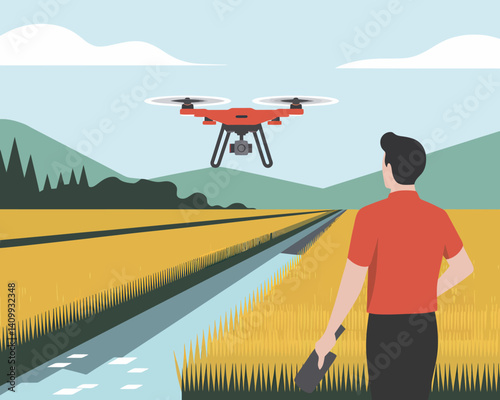 Agriculture drone surveying ripe rice paddy, farmer observing the field, modern farming