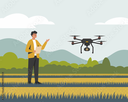 Drone pilot flying over field. Modern farming with technology. Flat design