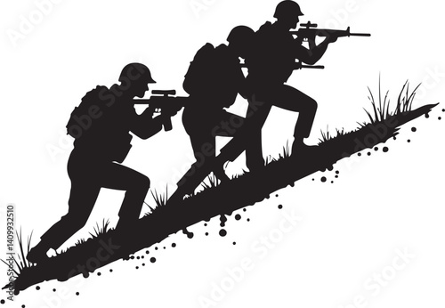 Soldiers Advancing Silhouette – Military Combat Illustration

Tactical Army Team – Black and White Soldier Silhouette Art

Combat Patrol in Motion – Military Operation Graphic