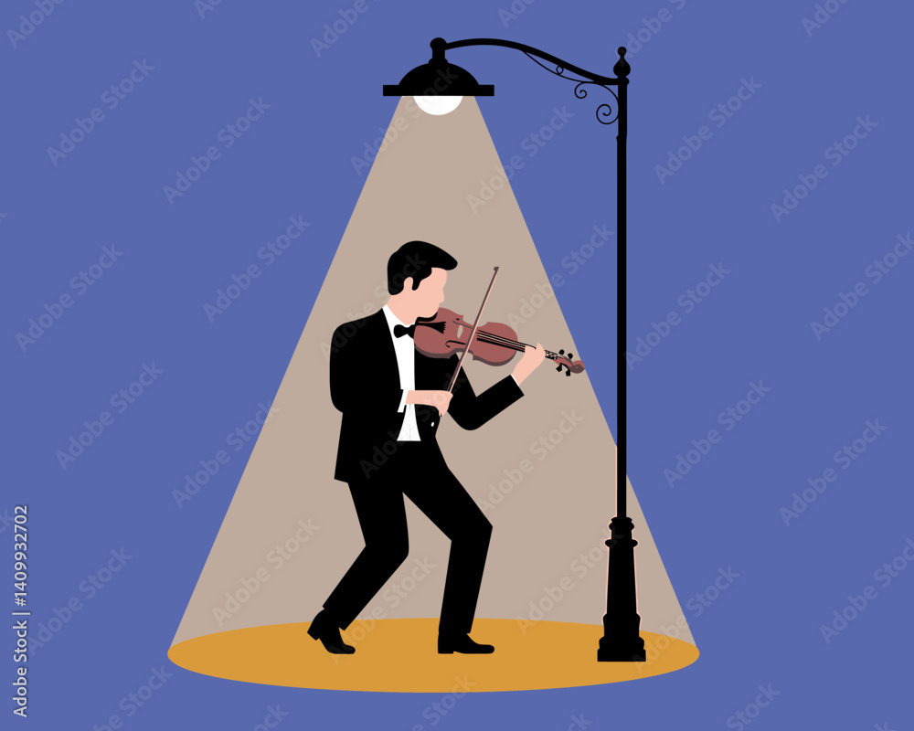 Obraz premium Violinist Performing Under Streetlight, Elegant Tuxedo, Evening Serenade