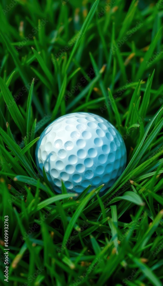 A dimpled white golf ball nestled in lush green grass, leaf, leisure, sun A dimpled white golf ball nestled in lush green grass, leaf, leisure, sun