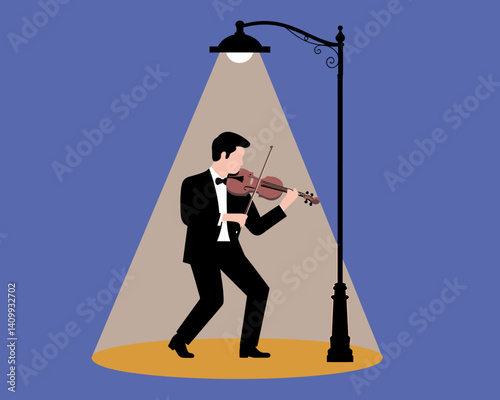 Violinist Performing Under Streetlight, Elegant Tuxedo, Evening Serenade