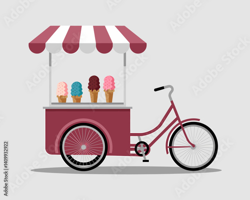 Retro ice cream bicycle vendor with striped awning and cones, food cart