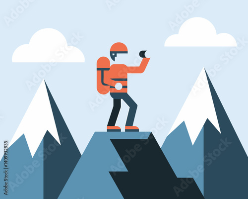 Mountain Climber Taking Photo. Geometric Style Adventure and Exploration Concept