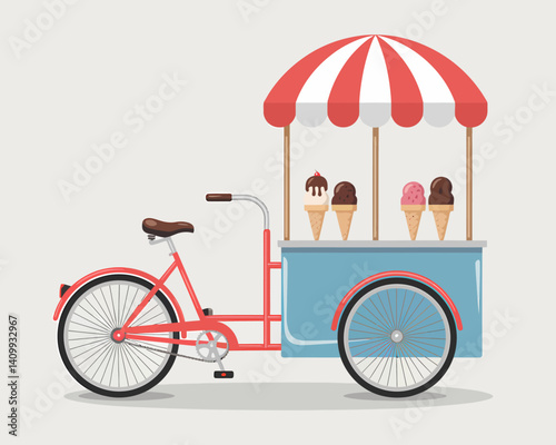 Vintage Ice Cream Cart Tricycle with Striped Awning and Flavored Scoops