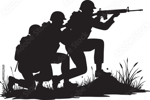 Soldiers Advancing Silhouette – Military Combat Illustration

Tactical Army Team – Black and White Soldier Silhouette Art

Combat Patrol in Motion – Military Operation Graphic