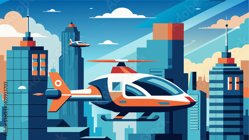 The futuristic air taxis are not only practical for business professionals but also add a touch of sophistication to the bustling streets of the hightech district.. Vector illustration