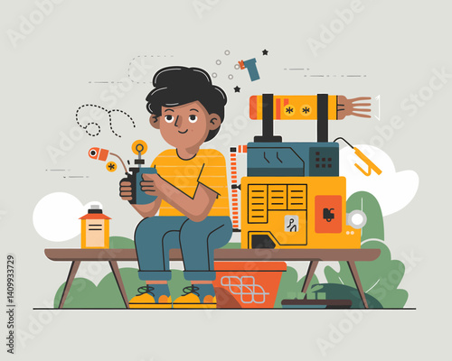 Young Inventor with Gadget and Future Technology on Bench
