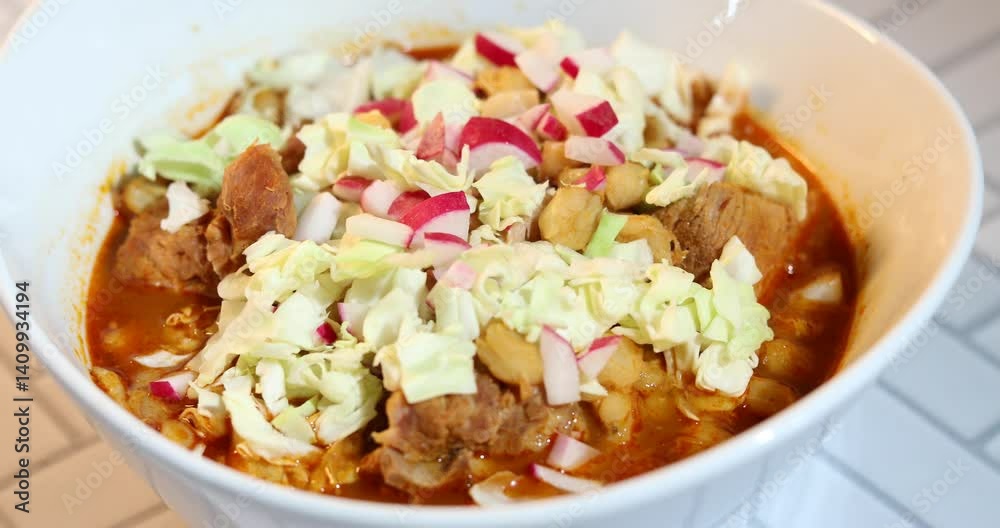 A bowl of red pozole soup with shredded cabbage and radish toppings, in a white bowl on a white brick surface. A bowl of red pozole soup with shredded cabbage and radish toppings, in a white bowl on a white brick surface.