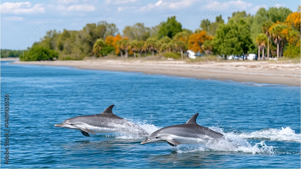 Fototapeta premium Two Atlantic Spotted Dolphins leaping playfully in ocean near sandy beach