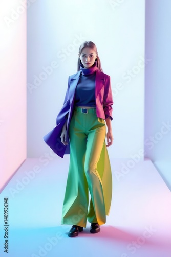 Stylish woman in colorful suit walks down runway in a brightly lit, modern fashion show setting.