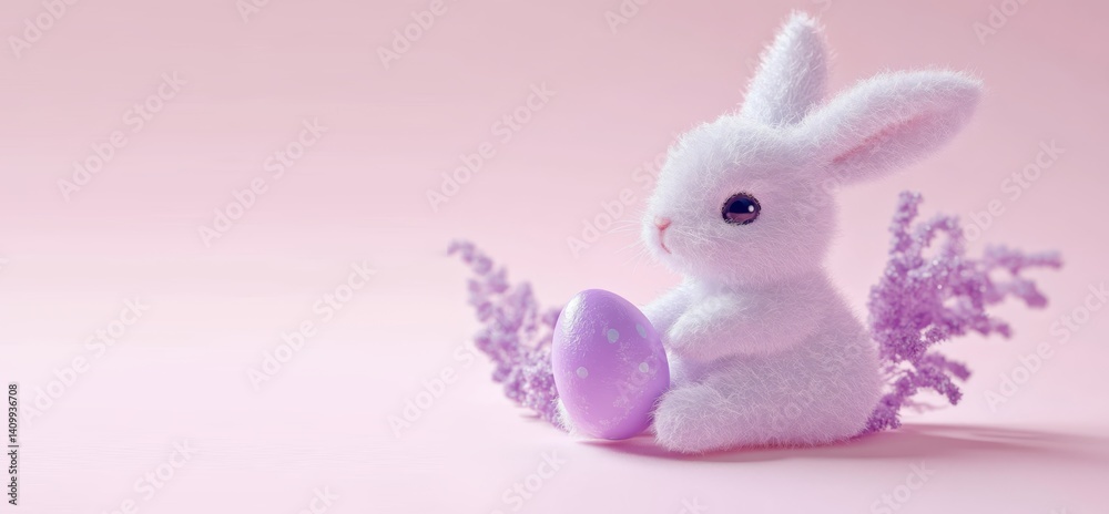Obraz premium Cute plush rabbit holding easter egg. Minimalistic colored background.