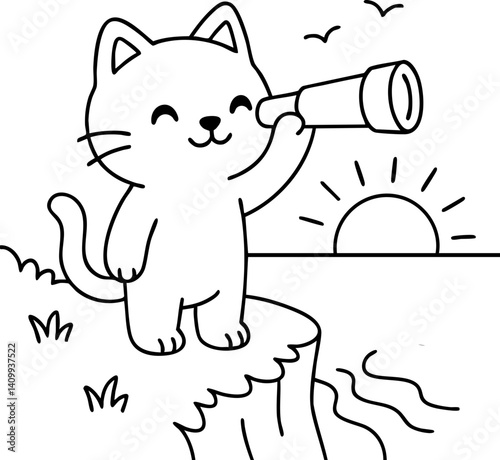 Dessin au trait pour page ou livre de coloriage de chat mignon et amusant. Trait simple et facile, vecteur noir transparent. 