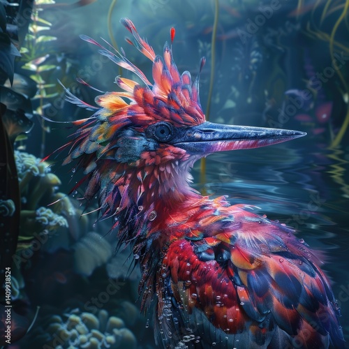 a hyper-realistic cinematographic photo of a multicolored bird mixed with an Alien in the depths of the sea' 4K photo 