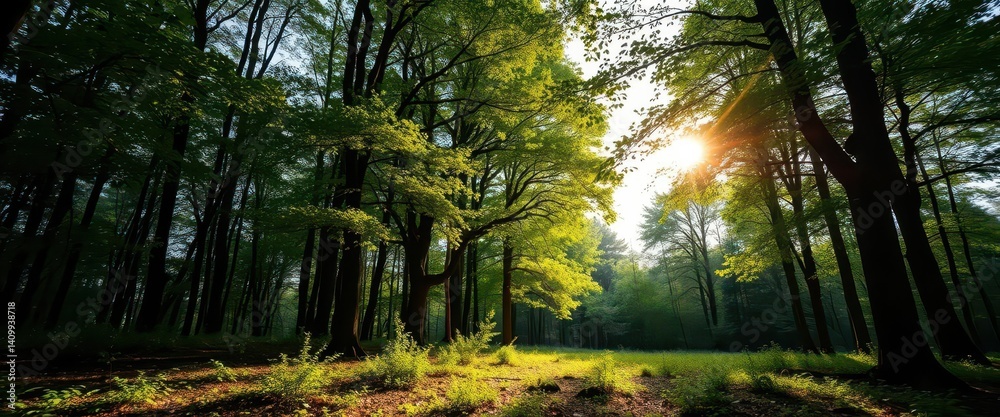 Obraz premium Sun-dappled forest floor, sunlight muted by overcast sky, light, tranquility