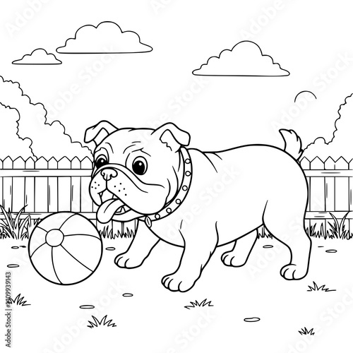 Drawing illustration Dog Playing ball in the back yard. Black and white. Coloring page. photo