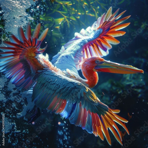 a hyper-realistic cinematographic photo of a multicolored bird mixed with an Alien in the depths of the sea' 4K photo 