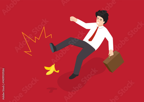 A business man walks on a slippery banana peel. The road to success concept has unexpected obstacles. vector illustration