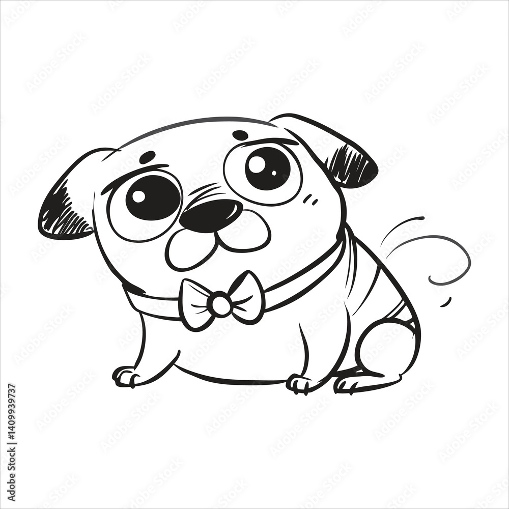 Fototapeta premium Cute cartoon pug with a bow tie, in black and white sketch style.