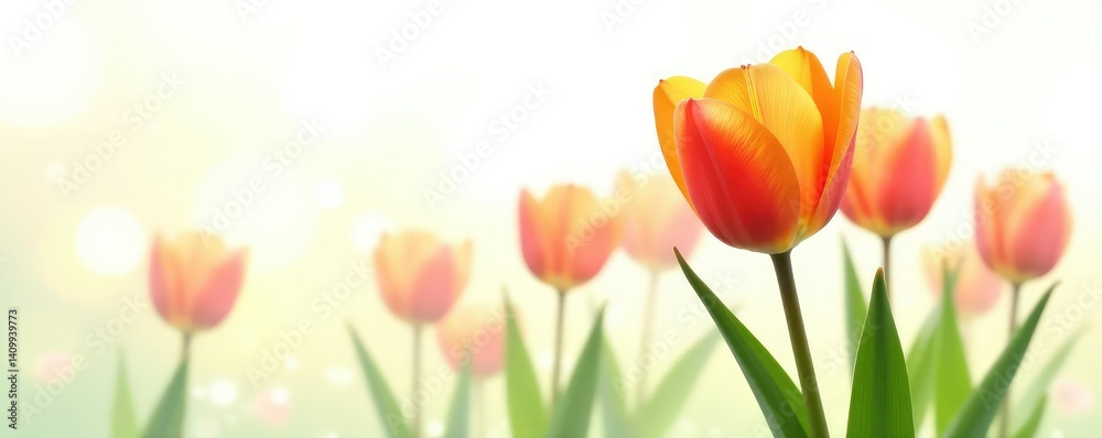 Fototapeta premium bright orange tulip isolated on white background, greenery, tulips