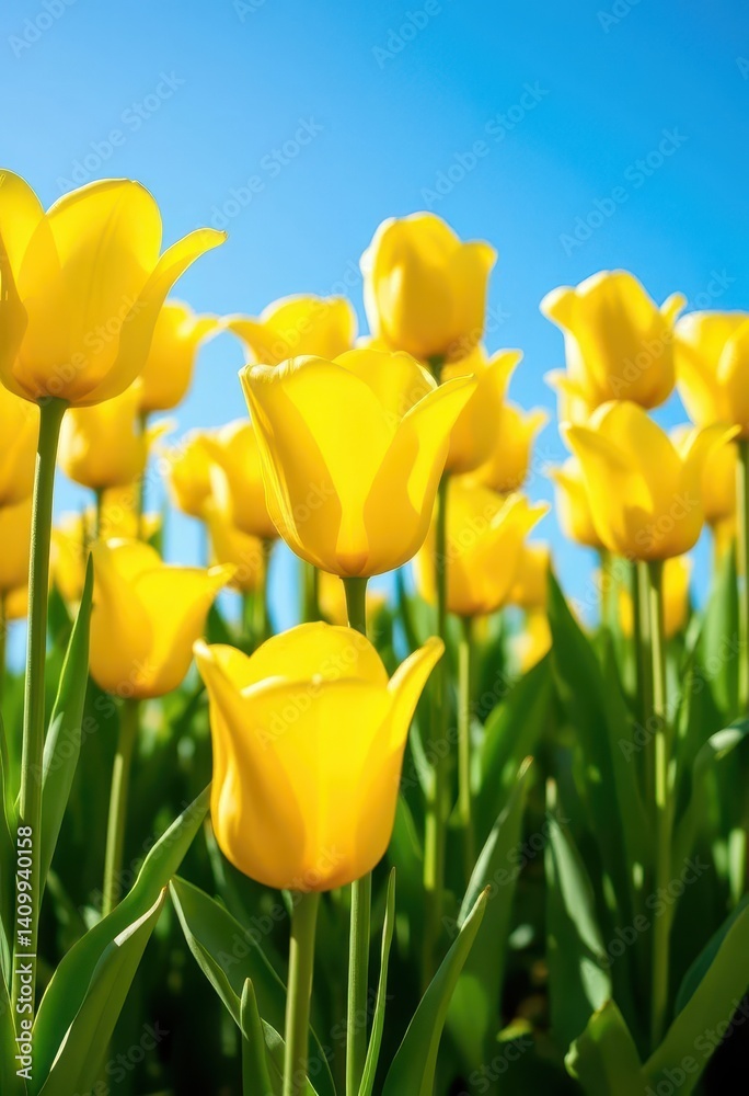 Obraz premium Vibrant yellow tulips bloom beneath a clear blue sky, color, sky blue, flower field