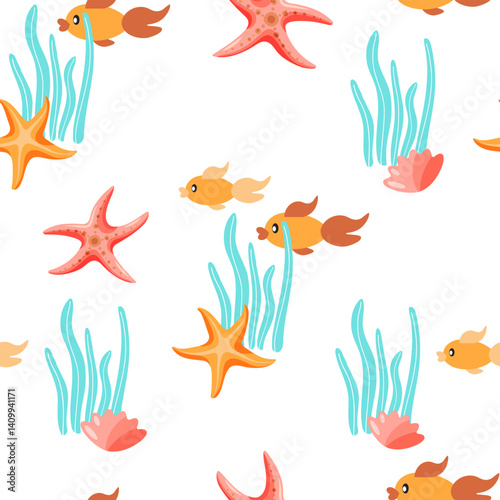 Seamless pattern of isolated colored starfish, seaweeds and fish icons on white background. Vector illustration for wrapping paper, print, packaging.