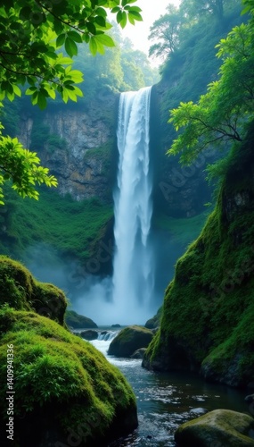 Lush green forest with misty waterfall in the background, peaceful, mountains