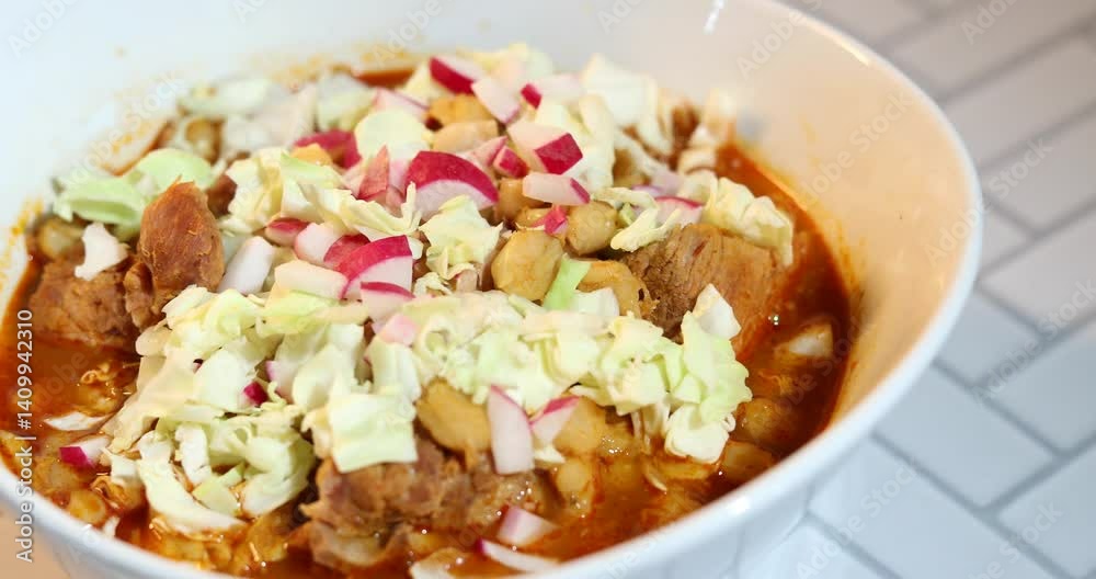 A bowl of red pozole soup with shredded cabbage and radish toppings, in a white bowl on a white brick surface. A bowl of red pozole soup with shredded cabbage and radish toppings, in a white bowl on a white brick surface.
