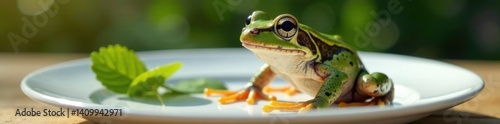 Close-up of a frog on a white plate , frogs, animal, plates