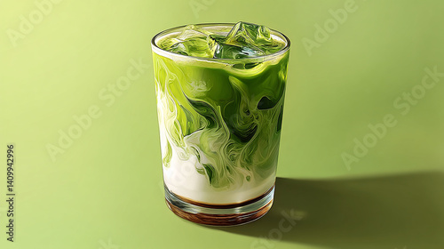 Iced matcha latte with layered milk in a glass cup