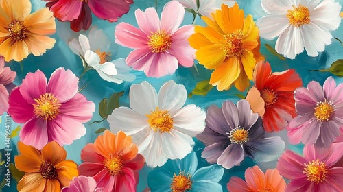Vibrant Watercolor Flowers on Teal Background, Vibrant watercolor flowers in various colors on a teal background