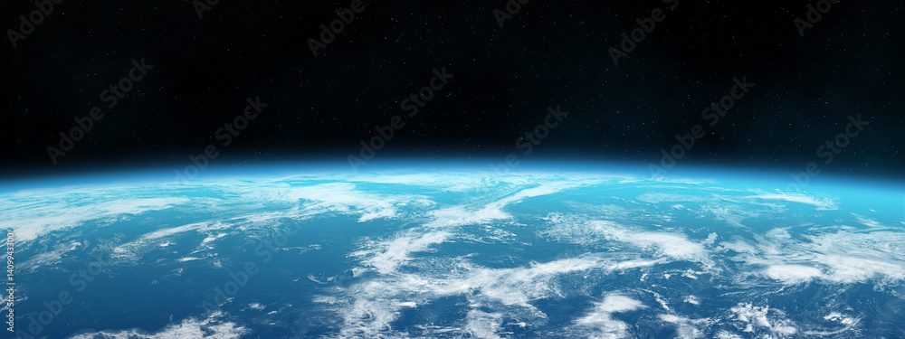Amazing blue planet Earth with world ocean and clouds in outer space on a starry sky. Planet Earth in space.